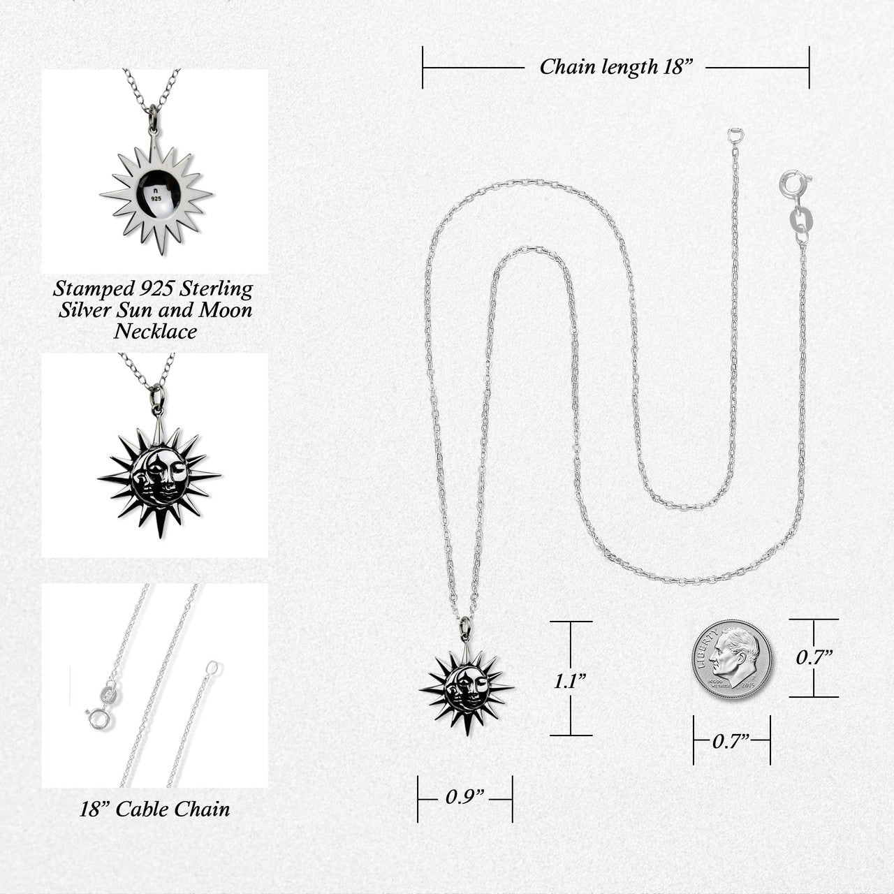 Collier Lune et Soleil – Pendentif Céleste en Argent Sterling avec Visages sur Chaîne de 40 cm