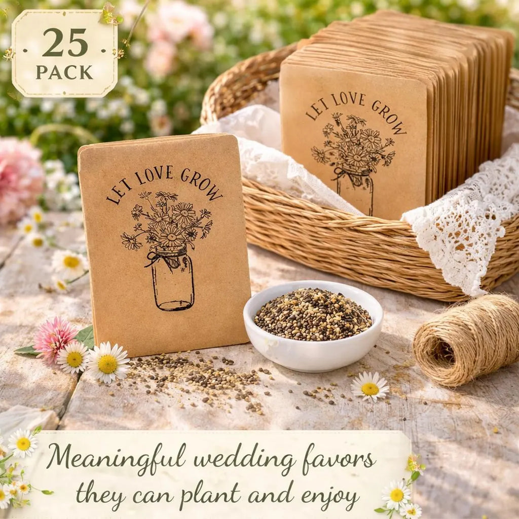 25 paquets de graines de fleurs sauvages pour mariage – « Let Love Grow » sachets de style pot Mason