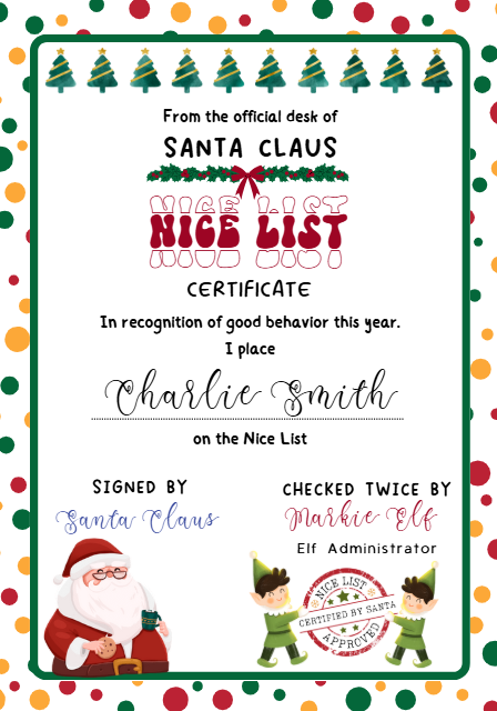 Lot de modèles Canva pour lettres au Père Noël – Certificat de la liste des enfants sages, liste de souhaits et enveloppes du pôle Nord