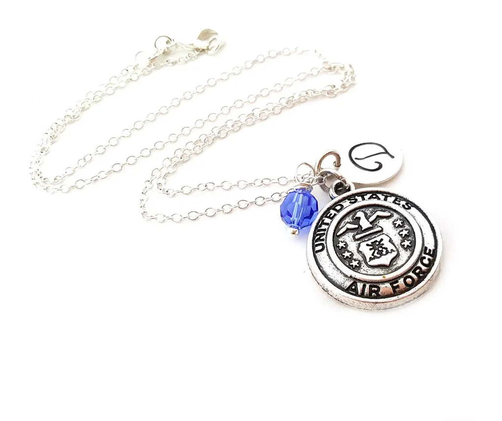 Collier Personnalisé Armée de l'Air – Chaîne en Argent Sterling avec Pierre de Naissance et Initiale