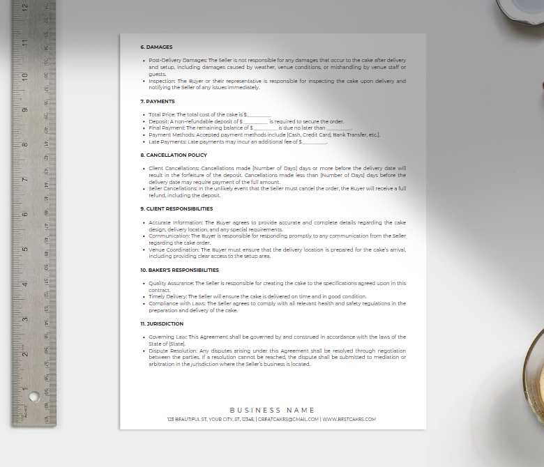 Cake Business Contract Template – 3-Page Editable Canva Form (Instant Download)