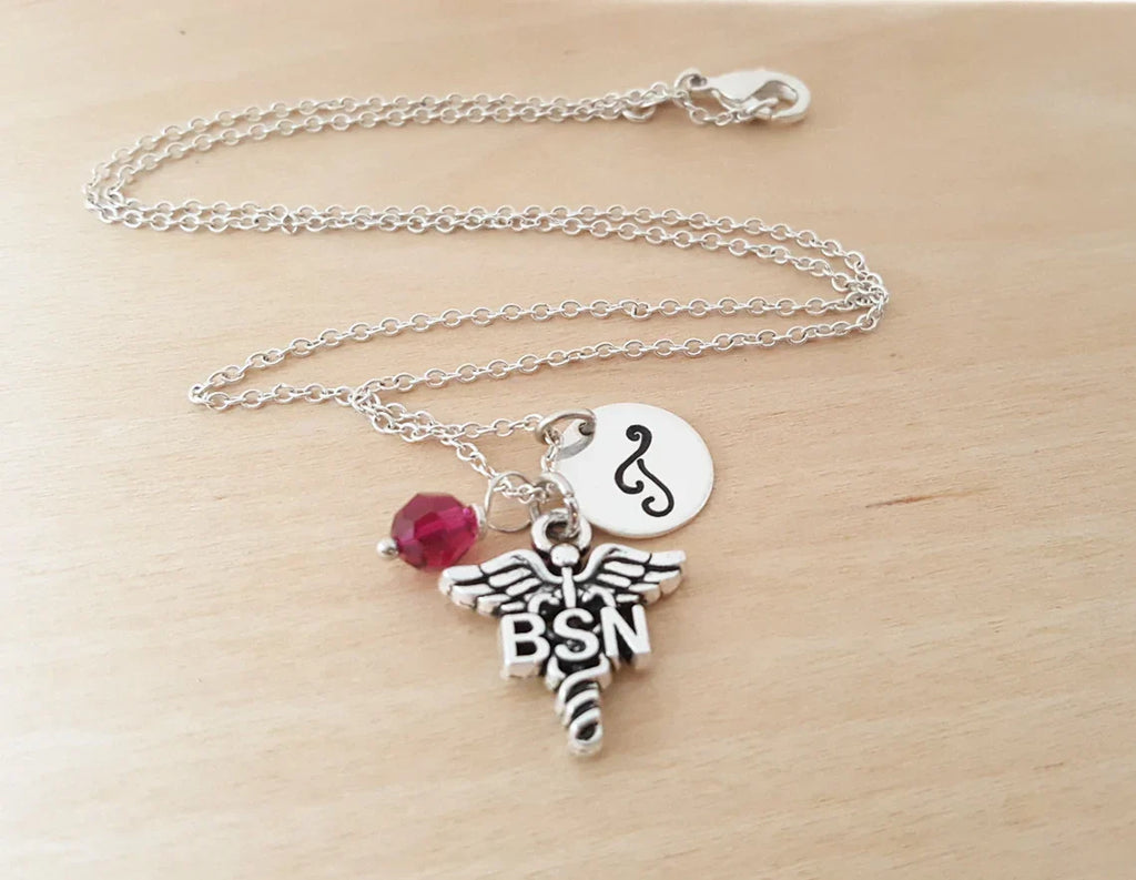 Collier d'infirmière BSN personnalisé – Chaîne en argent sterling avec pierre de naissance et initiale