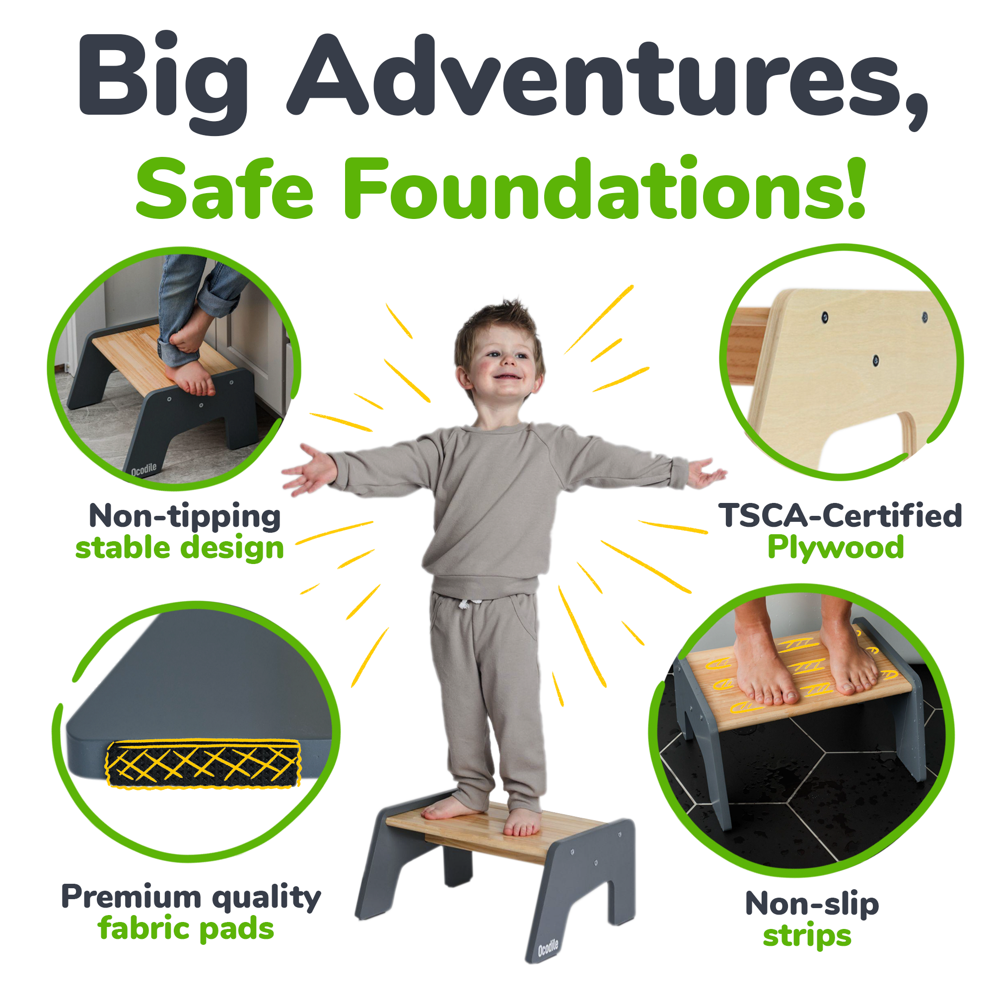 Tabouret en bois à 1 marche pour enfants (tabouret polyvalent pour la cuisine, la salle de bain et l'apprentissage de la propreté)