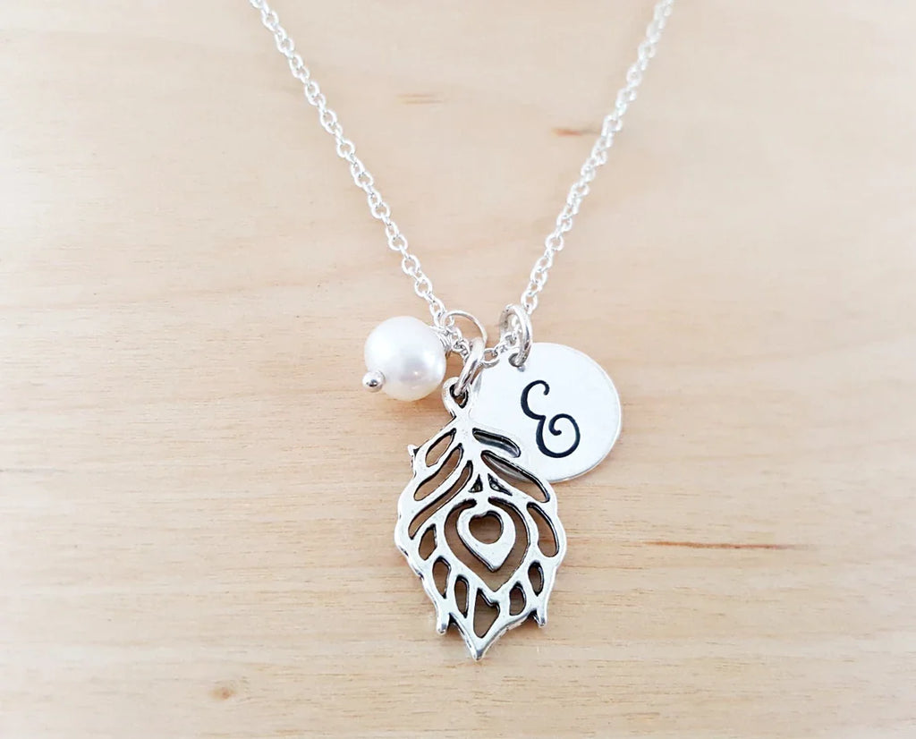Peacock Feather Necklace – Sterling Silver with Birthstone & Initial Charm