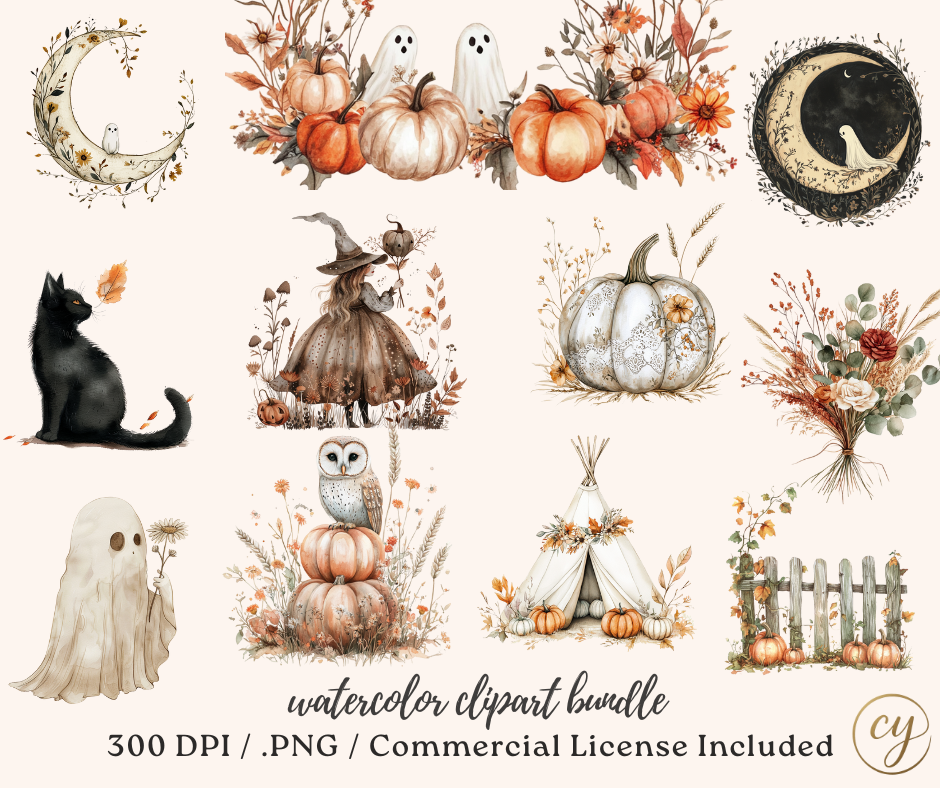 Lot d'images clipart d'Halloween bohèmes à l'aquarelle – 107 fichiers PNG, 300 DPI, licence commerciale