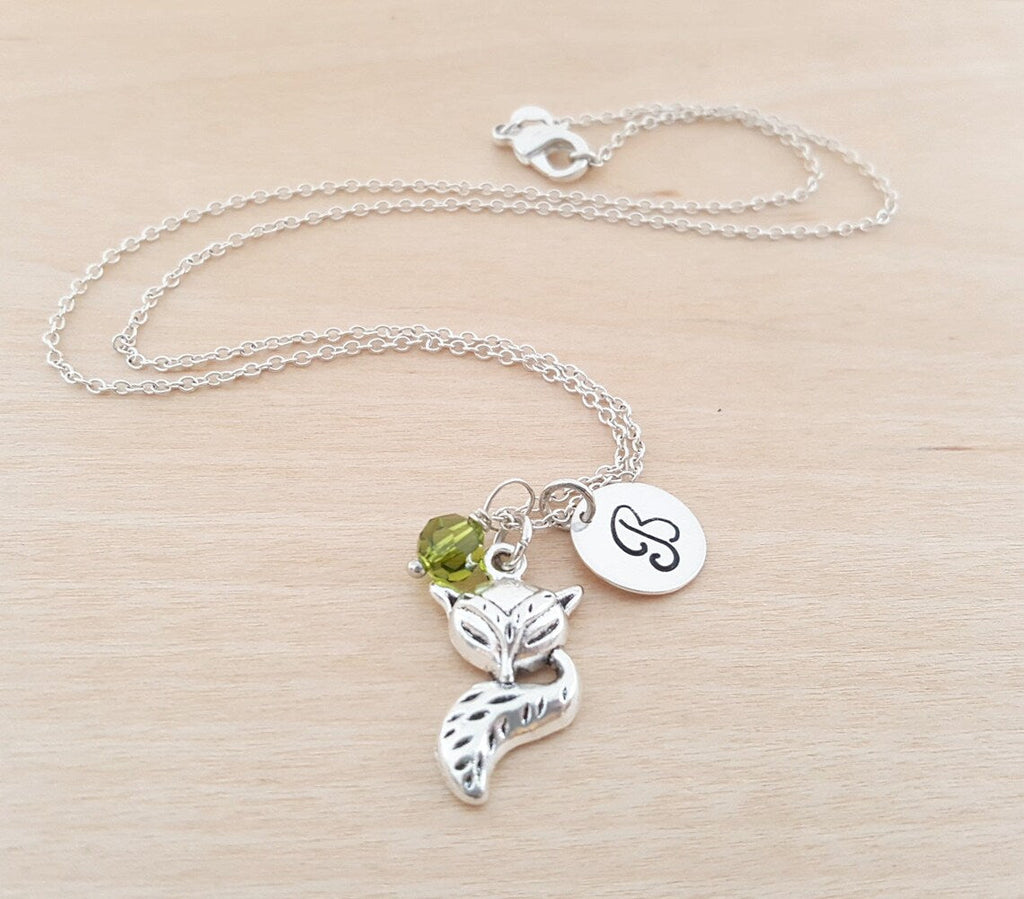 Collier Renard – Argent sterling avec pierre de naissance et breloque initiale