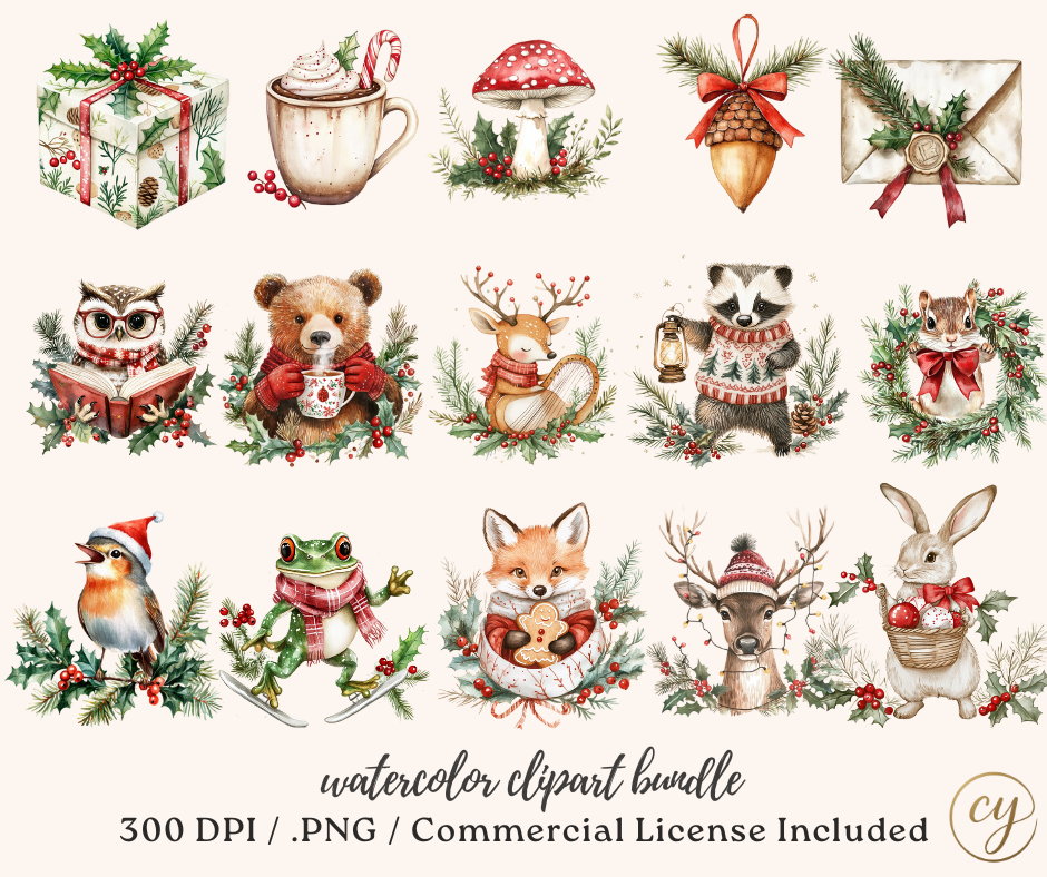 Joyeux Petit Bois – Pack de 174 Images Numériques de Noël à l'Aquarelle | Fichiers PNG, 300 DPI, Licence Commerciale Incluse