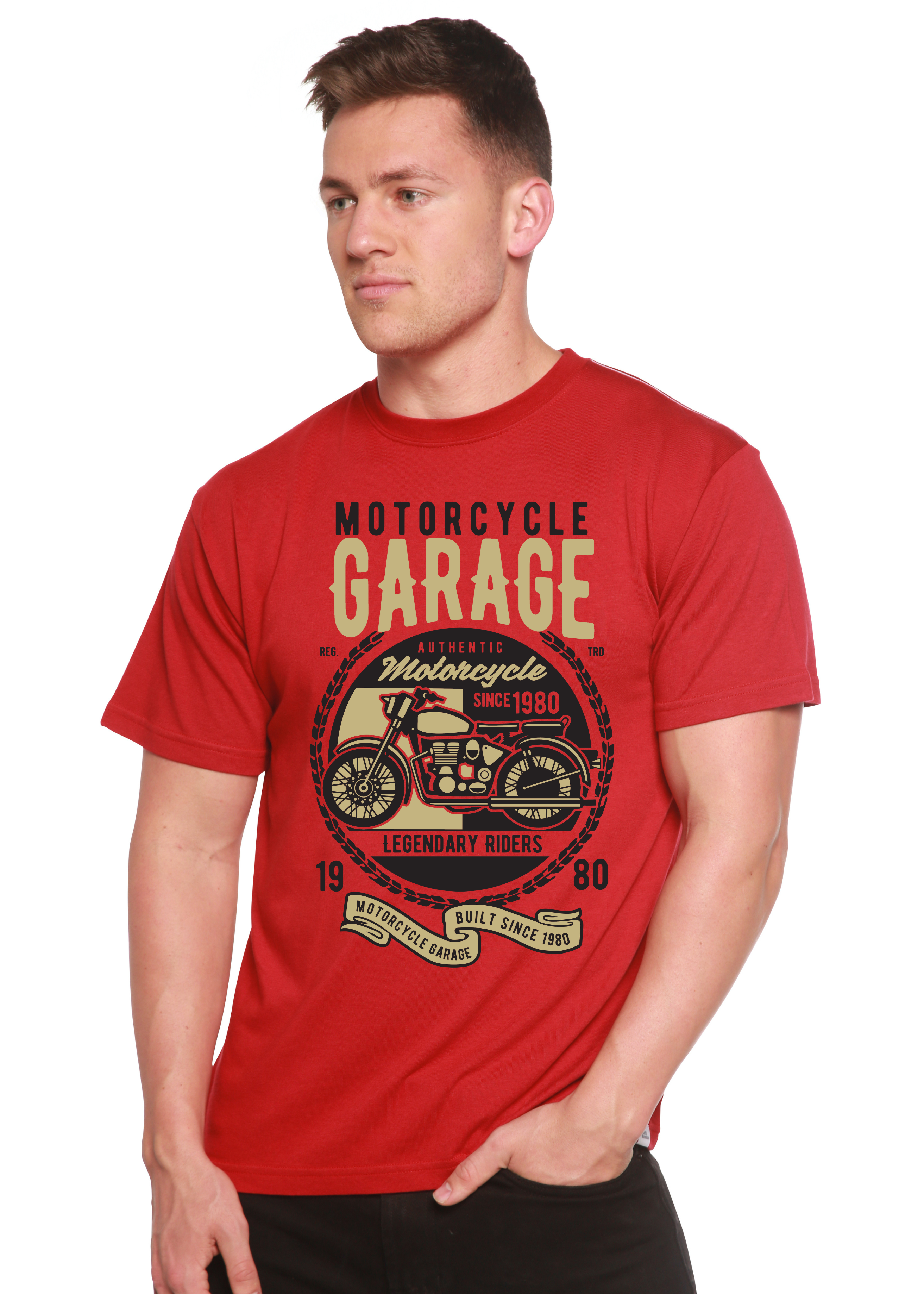 T-shirt graphique à manches courtes pour homme, en bambou, viscose et coton biologique, motif garage moto