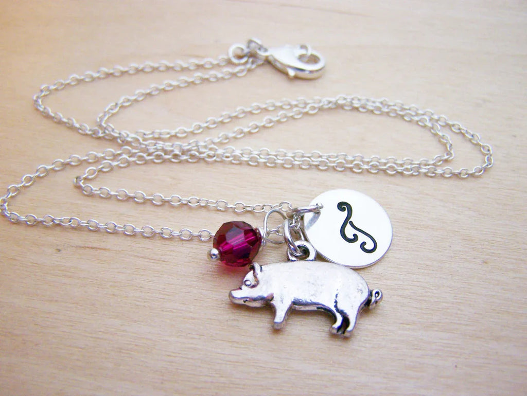 Collier Cochon – Argent Sterling avec Pierre de Naissance et Breloque Initiale