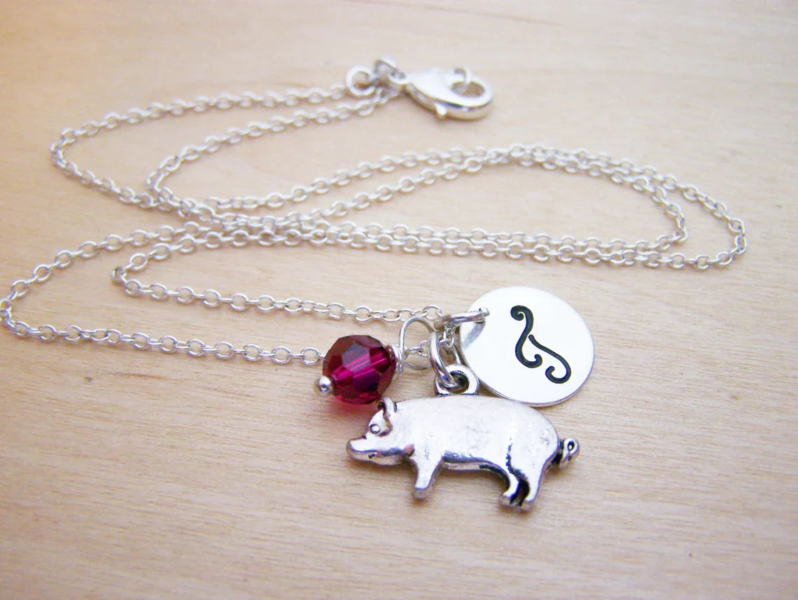 Collier Cochon – Argent Sterling avec Pierre de Naissance et Breloque Initiale