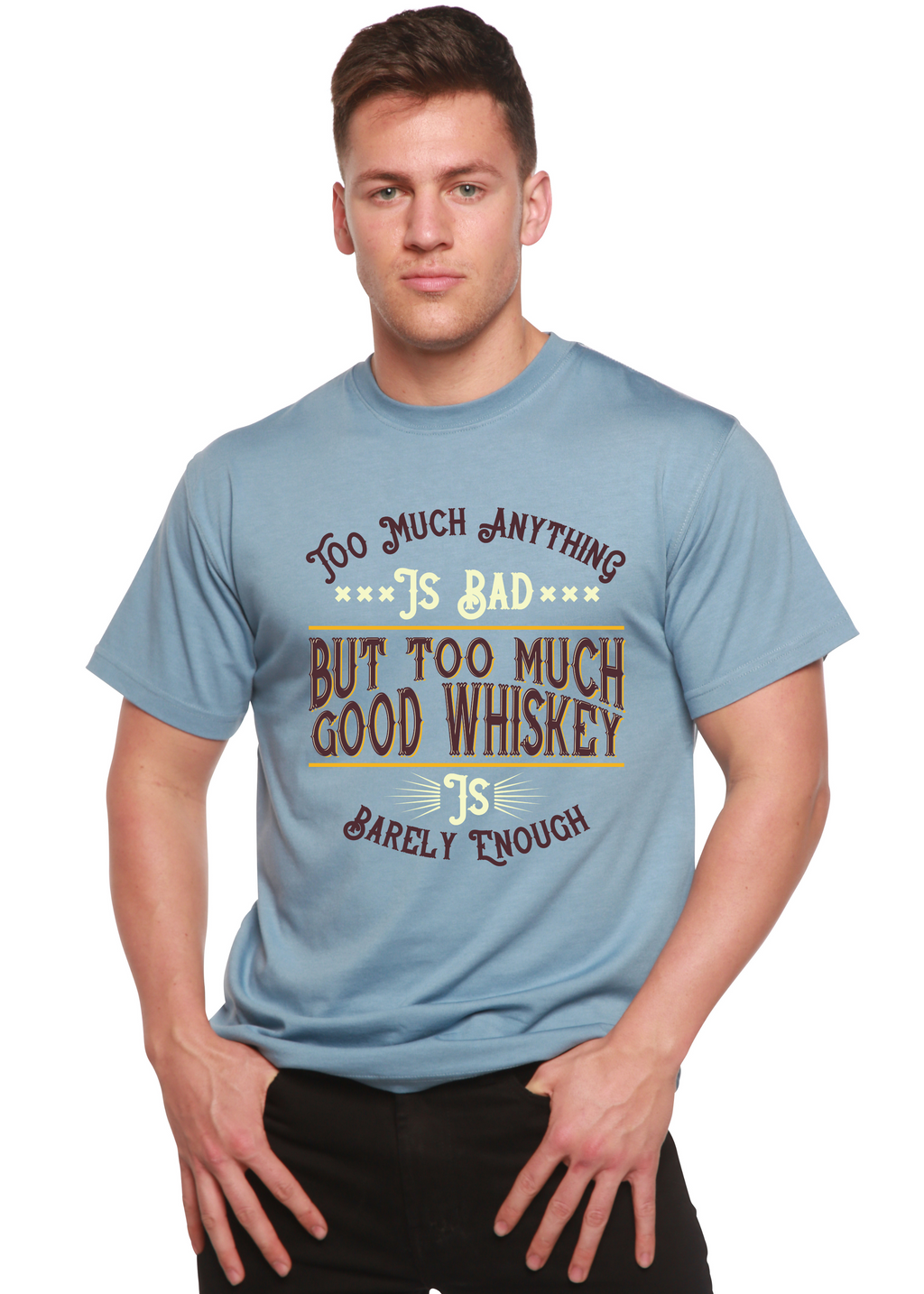T-shirt graphique à manches courtes en viscose de bambou/coton biologique pour homme But Too Much Good Whiskey