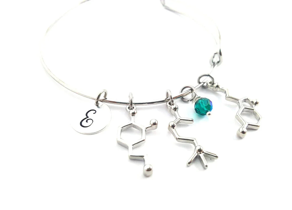 Bracelet neurotransmetteur sérotonine – Jonc ajustable avec pierre de naissance et initiale