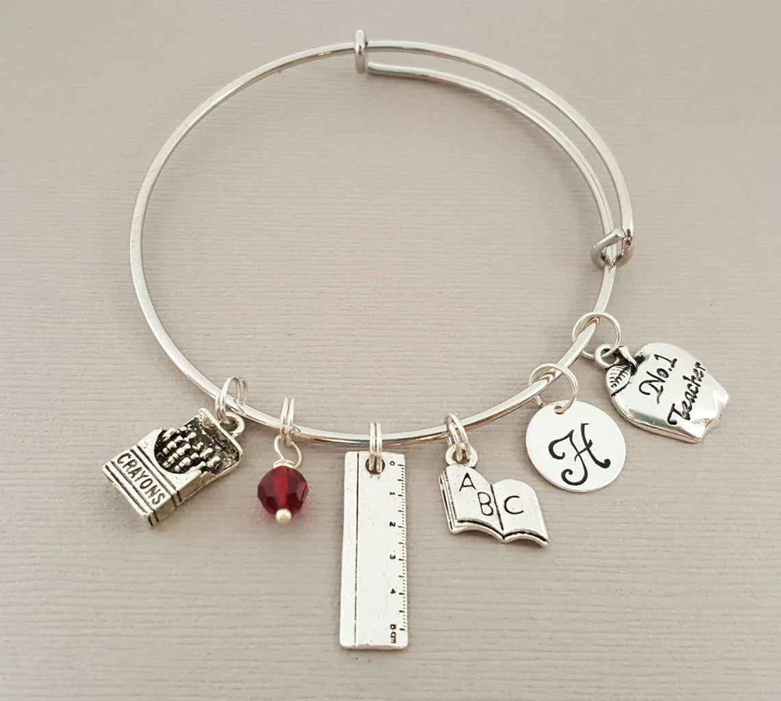 Bracelet personnalisé pour enseignant – Jonc ajustable avec pierre de naissance et initiale