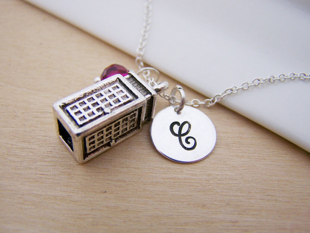 Police Box - Phone Booth Necklace – Sterling Silver with Birthstone & Initial Charm