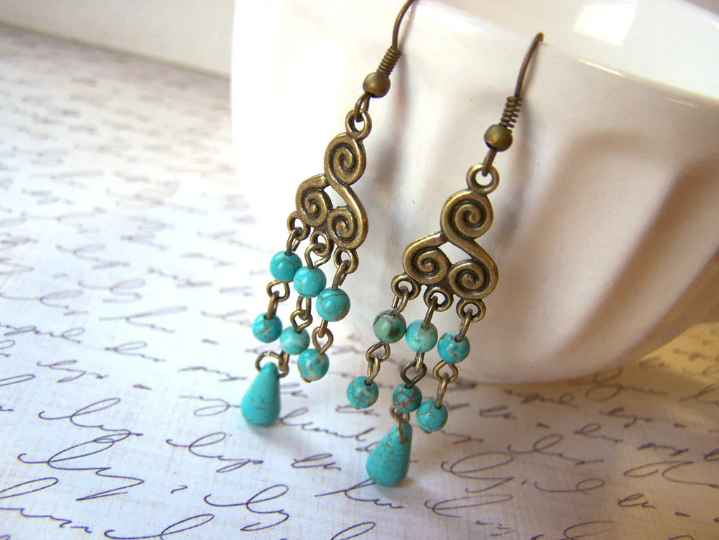 Turquoise and Antiqued Brass Dangle Earrings – Handcrafted, 2.5 Inch