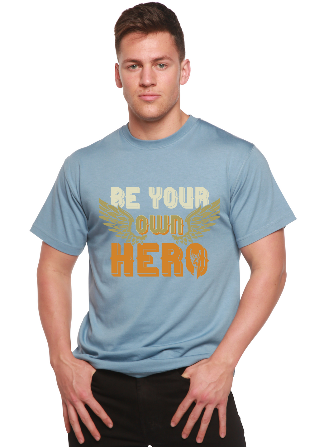 T-shirt graphique à manches courtes pour homme en viscose de bambou/coton biologique "Be Your Own Hero"