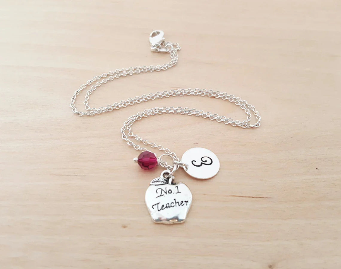 #1 Collier d’enseignant – Chaîne en argent sterling avec pierre de naissance et initiale
