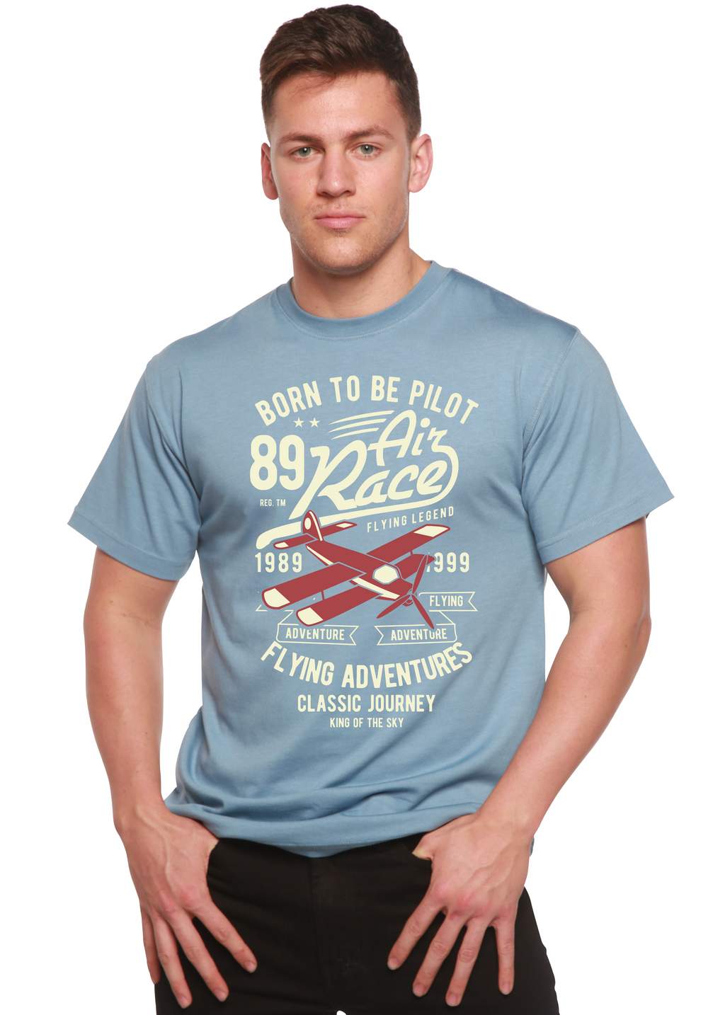 T-shirt graphique à manches courtes pour homme en viscose de bambou/coton biologique motif "Born To Be Pilot"