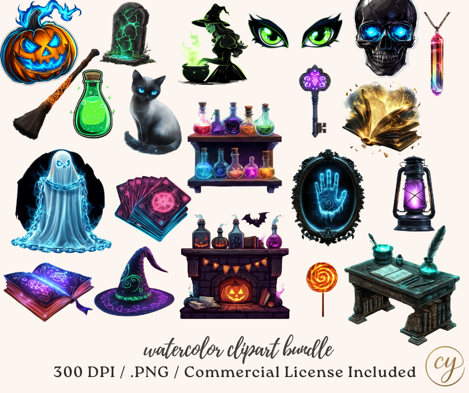 Lot de Cliparts Aquarelle Effrayants Lumineux – 134 PNG, 300 DPI, Licence Commerciale