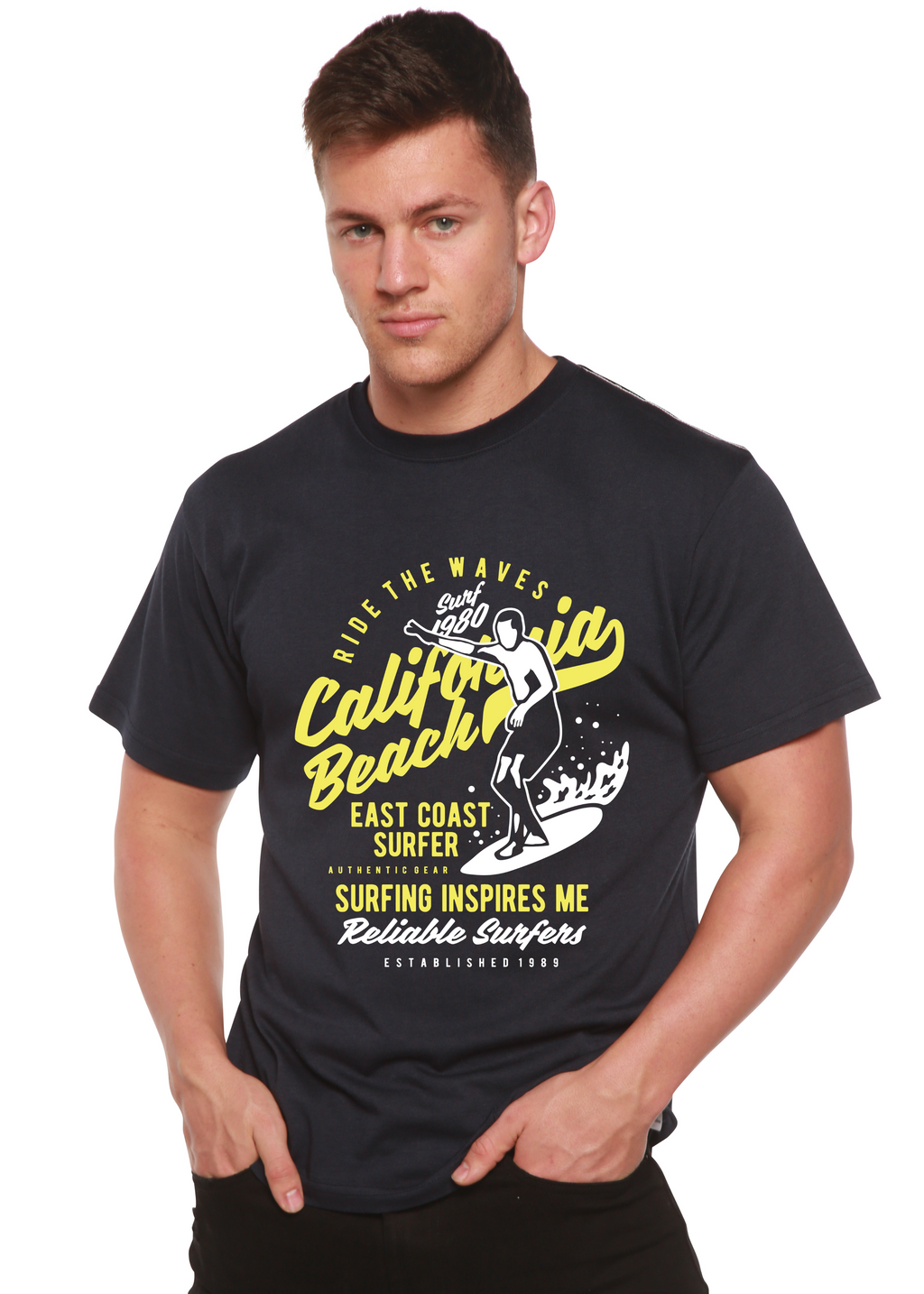 T-shirt graphique à manches courtes en viscose de bambou/coton biologique pour homme Spun Bamboo® "Ride The Waves"