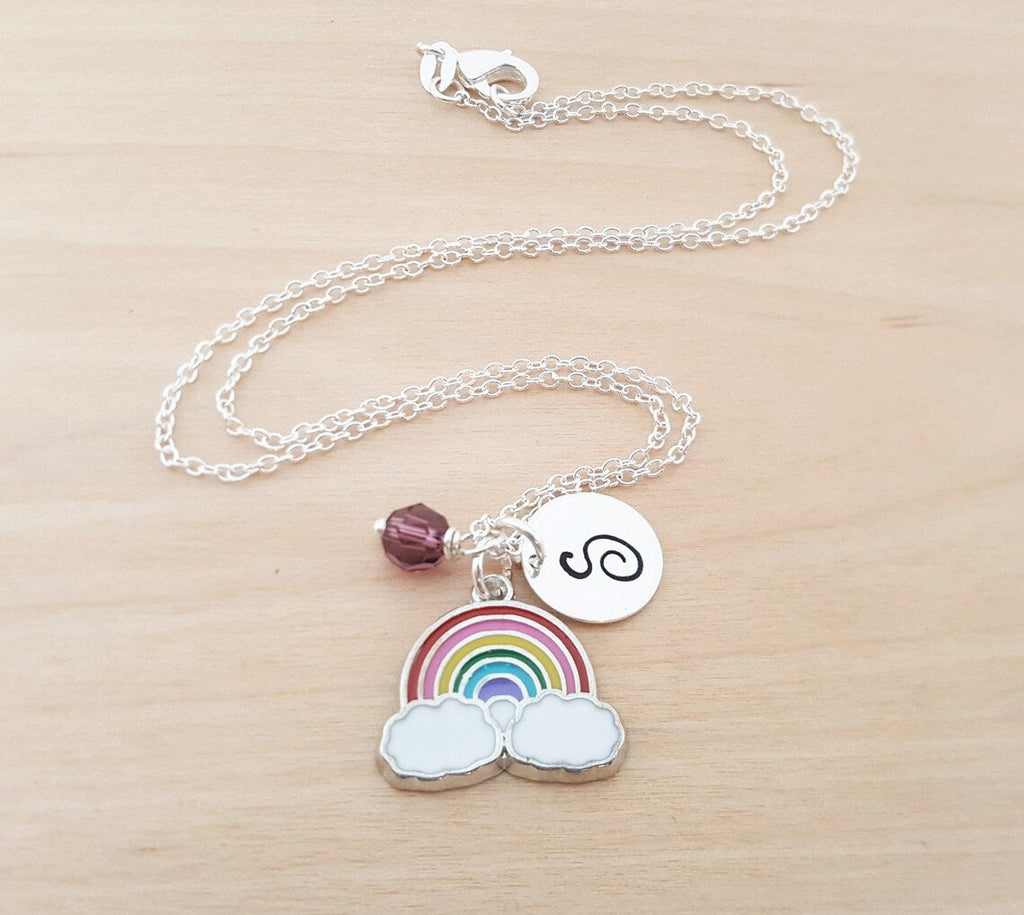 Collier Arc-en-ciel – Argent sterling avec pierre de naissance et breloque initiale