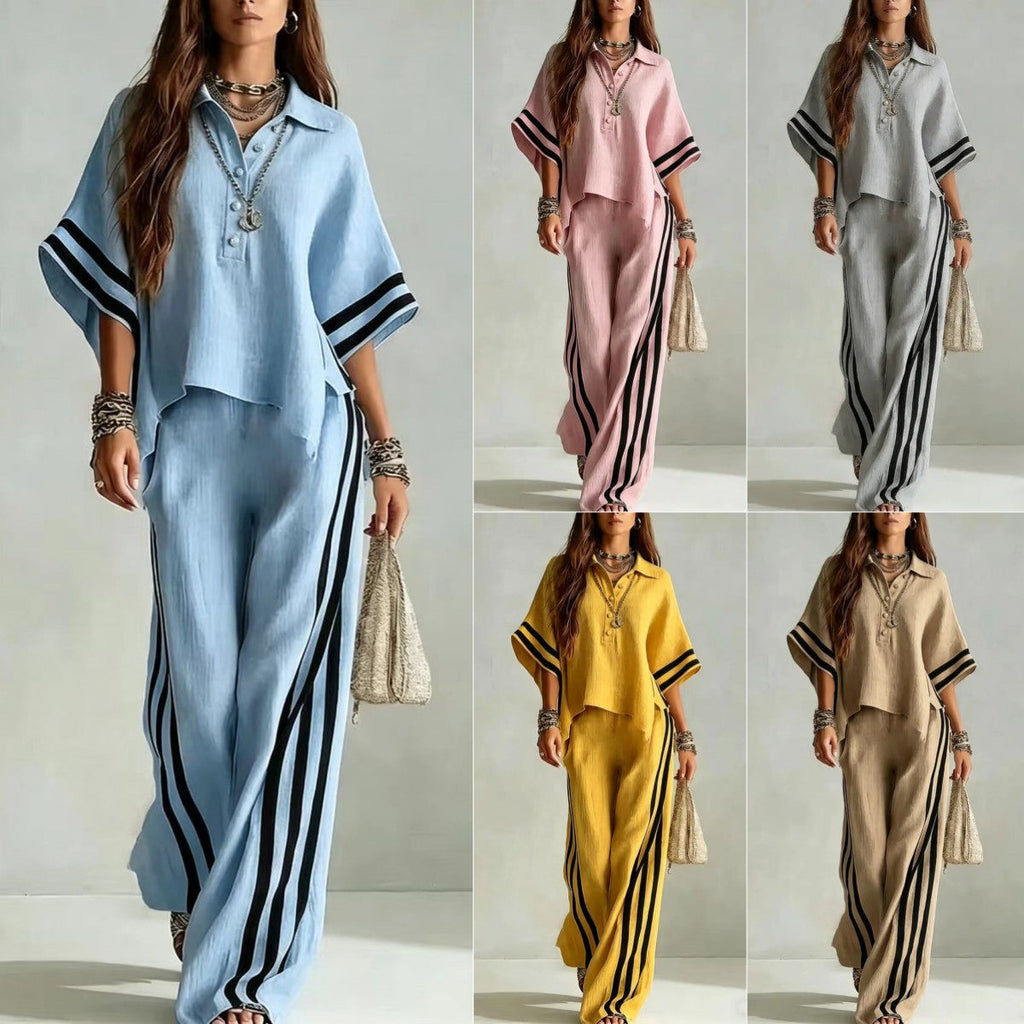 Ensemble deux pièces chemise à manches courtes et pantalon ample pour femme