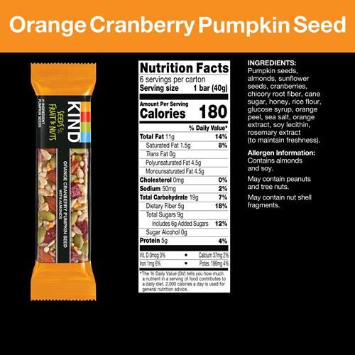 Barre de collation Kind Seeds Fruits et Noix, Orange Canneberge | 5g de protéines, riche en fibres, sans gluten, 40 g, lot de 6