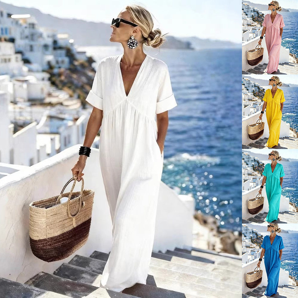 Robe longue à col en V, manches courtes et taille haute | Style décontracté
