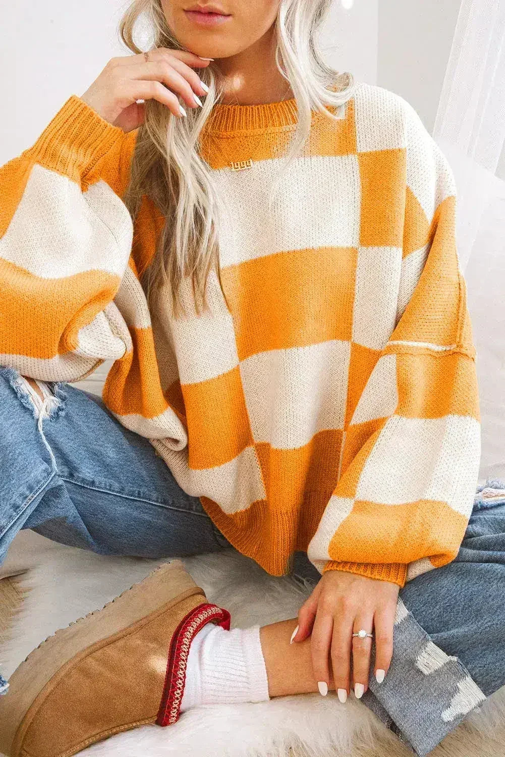 Pull orange à carreaux avec manches évêque - Femstylo