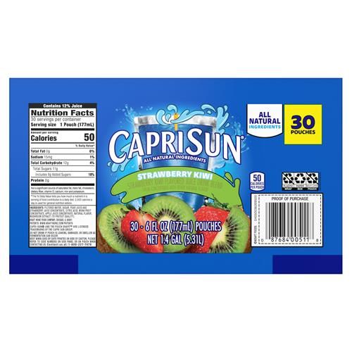 Capri Sun Boisson à saveur naturelle de jus de fraise et de kiwi avec d'autres arômes naturels, boîte de 30 unités, pochettes de 177 ml