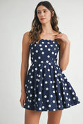 Mini-robe à pois avec bretelles festonnées pour femmes - Design ludique à pois, garniture festonnée unique, mini-robe fluide et chic pour les événements décontractés ou estivaux