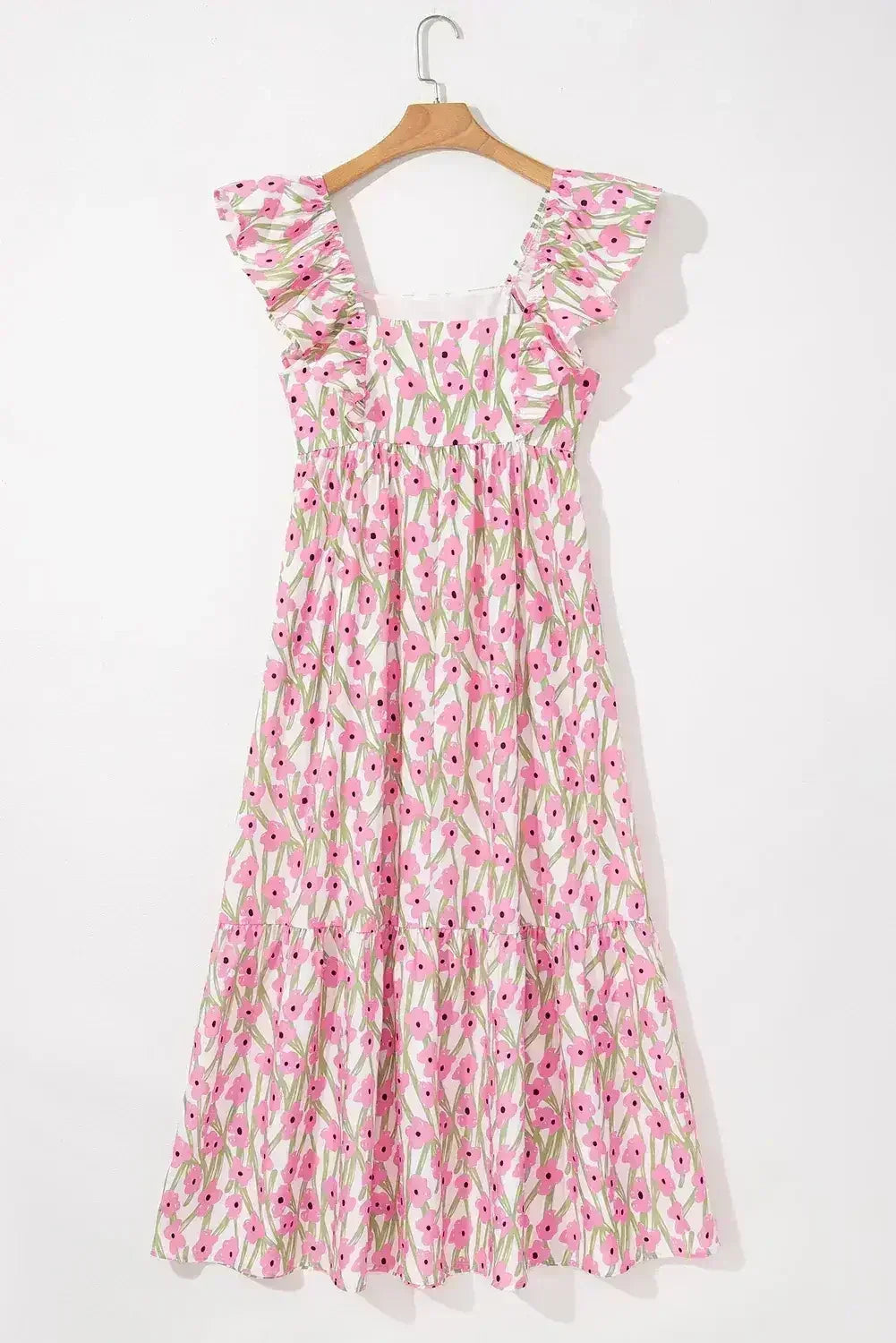 Robe longue à imprimé floral rose, col carré et bretelles à volants