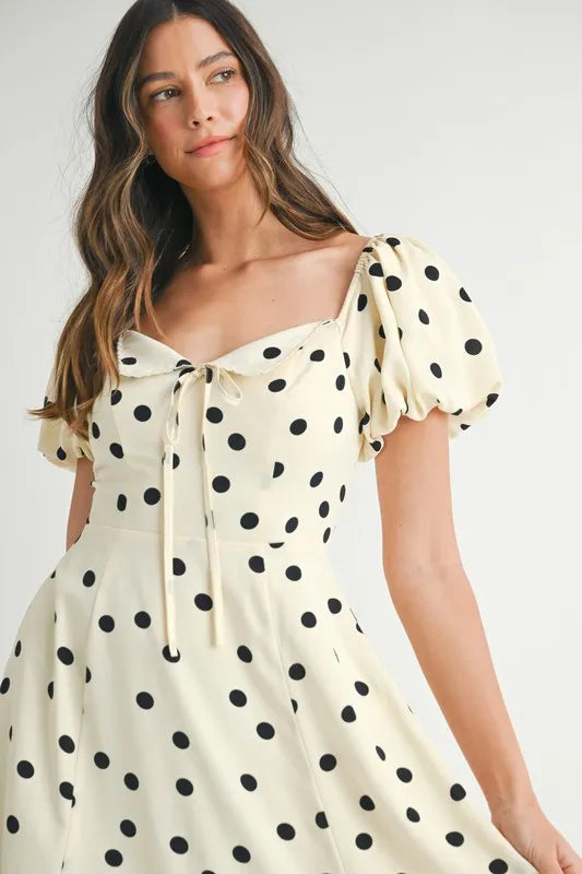 Robe mi-longue à pois et manches bouffantes pour femmes – Robe vintage à pois et volants, Robe féminine à manches bouffantes, Robe mi-longue rétro, Robe chic classique