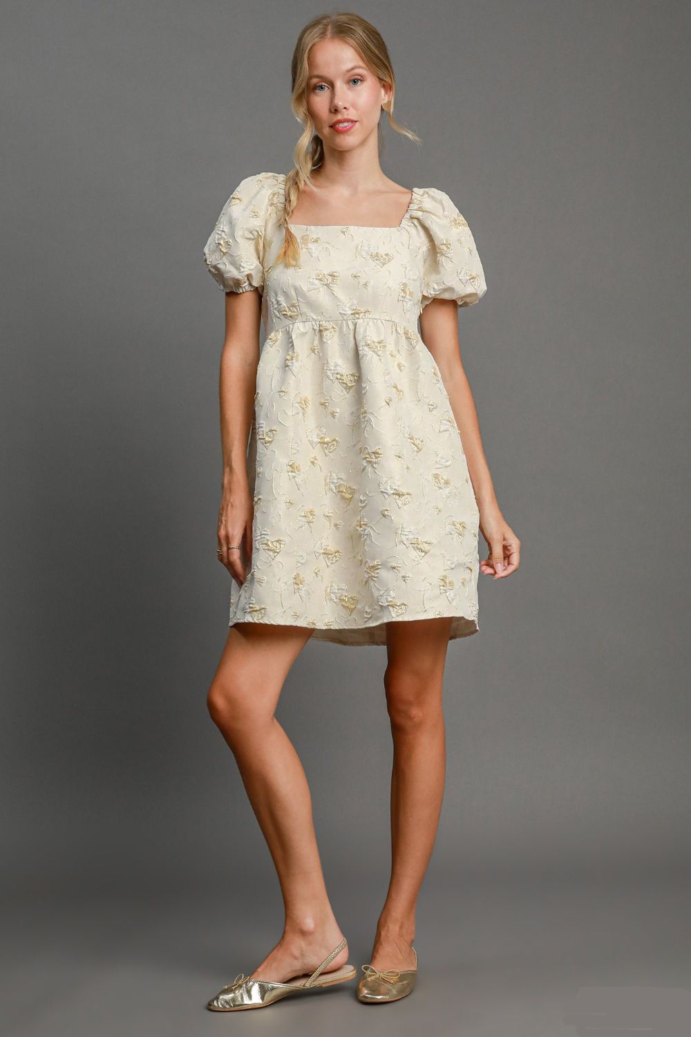 Mini-robe jacquard à col carré et manches bouffantes – Robe romantique jacquard cœur, Robe à manches bouffantes, Mini-robe à col carré, Robe chic pour un rendez-vous galant, Robe élégante à manches bouffantes
