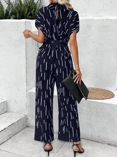 Combinaison pantalon ample à col montant imprimé, avec liens à nouer