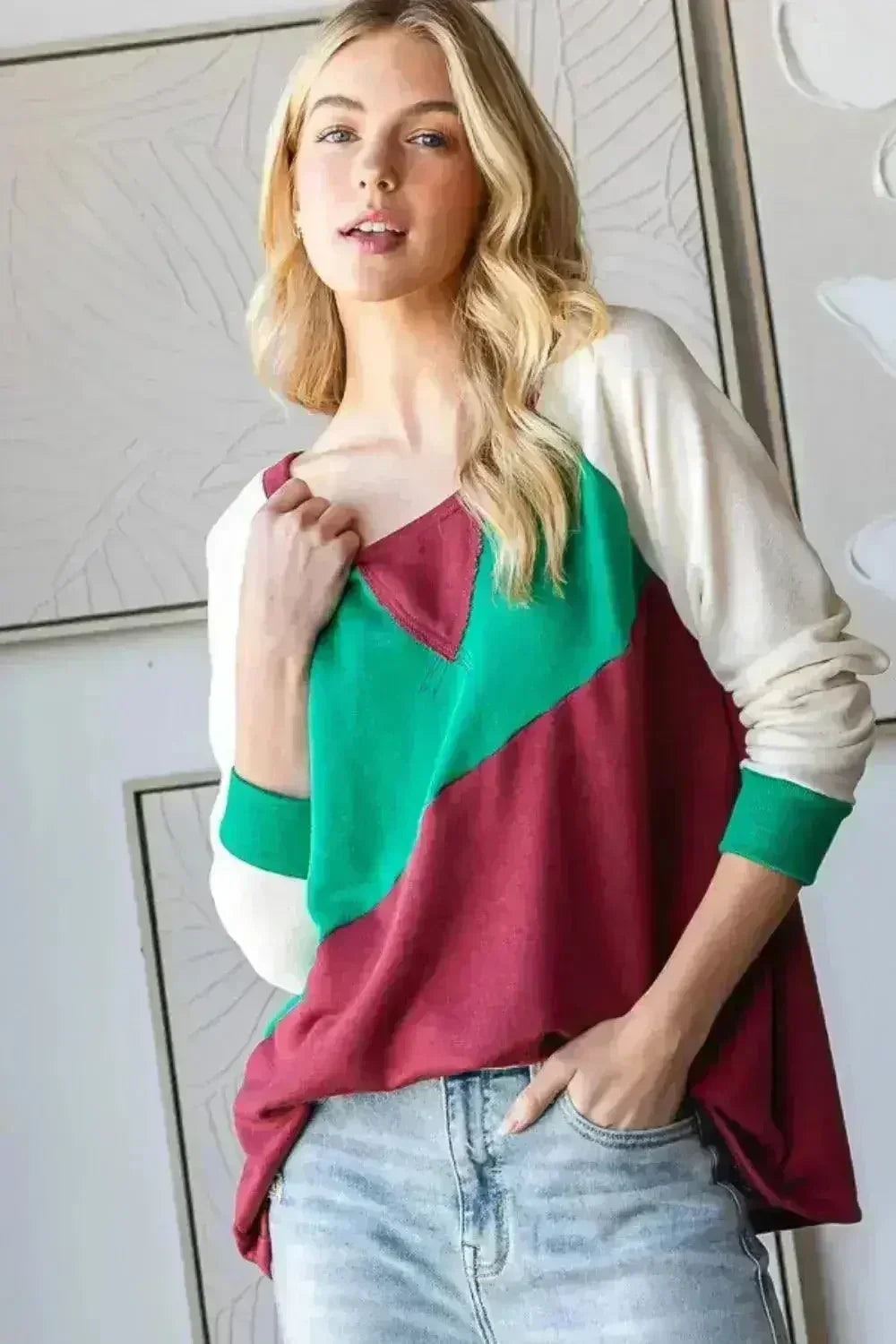 HOPELY T-shirt à manches longues et blocs de couleur grande taille