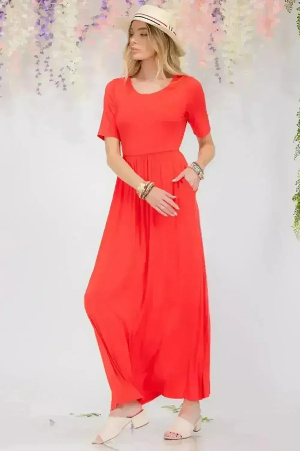 Robe longue à manches courtes et col rond avec poches grande taille - Femstylo