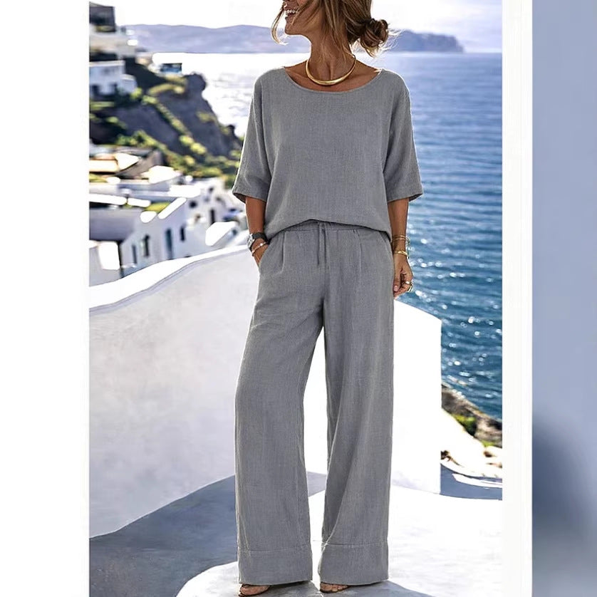 Ensemble de villégiature en coton et lin pour femme – Haut à manches courtes et pantalon à jambes larges