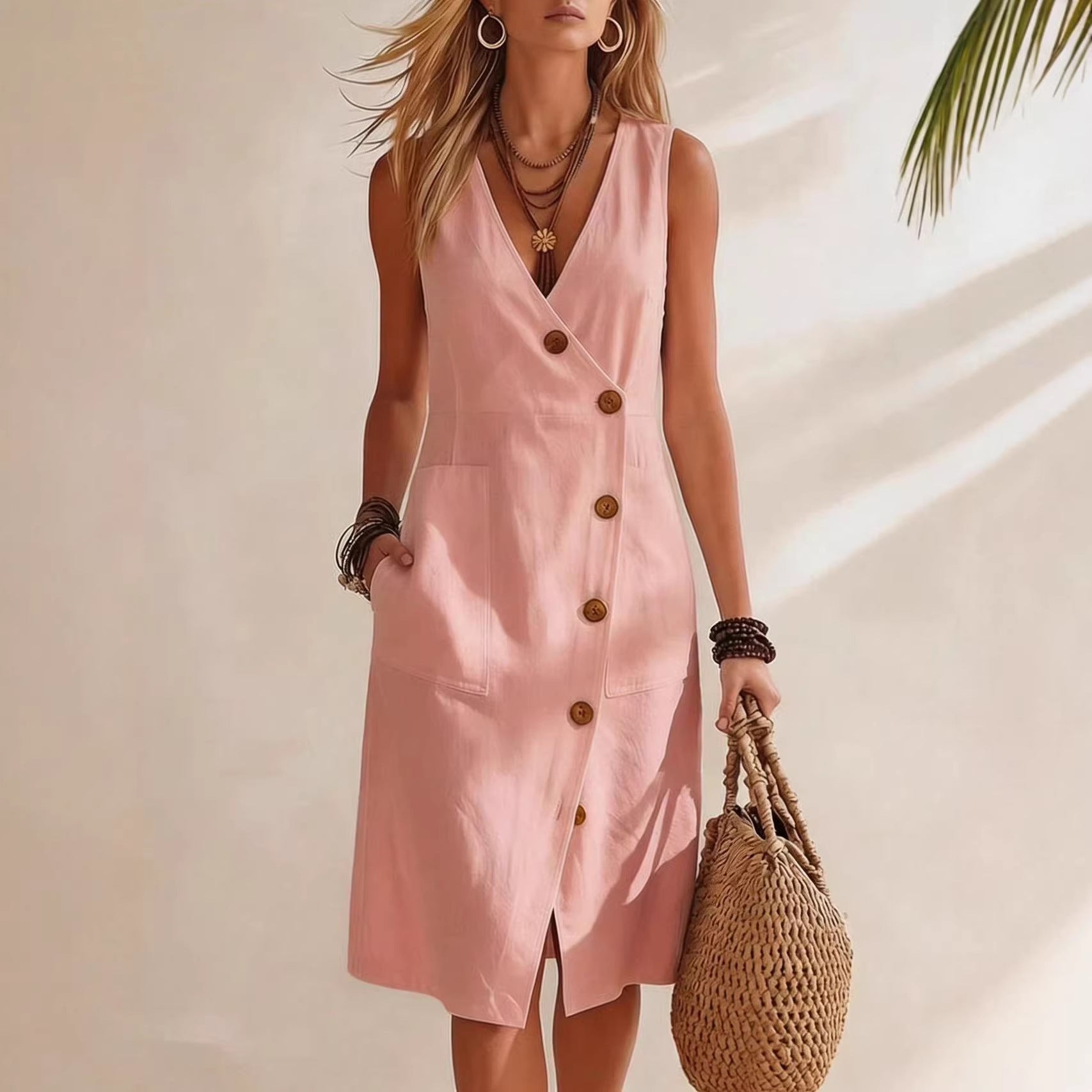 Robe midi asymétrique boutonnée sans manches à col en V pour femme, collection Resort