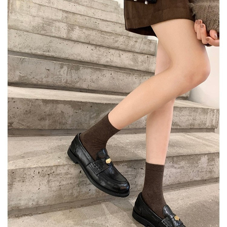 Mocassins pour femme à pièce de monnaie dorée style britannique | Chaussures en cuir à enfiler à talon carré