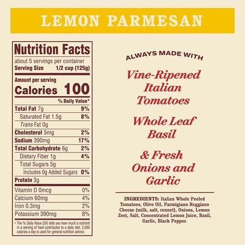 Sauce marinara au citron faite maison Raos, 680 g, Sauce tomate, Tout usage, Compatible cétogène, Qualité supérieure, Tomates d'Italie et huile d'olive