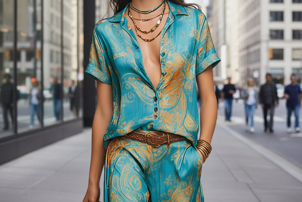 Ensemble deux pièces bohème imprimé pour femme – chemise et pantalon à manches 3/4