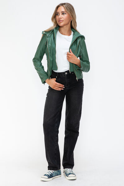 Veste à capuche en similicuir zippée avec cordon de serrage pour femme, élégante et décontractée, en cuir PU pour le streetwear