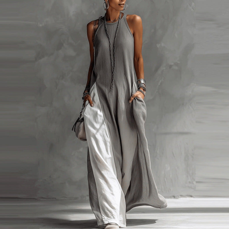 Robe longue évasée à épaules dénudées et blocs de couleurs avec poches | 5 couleurs