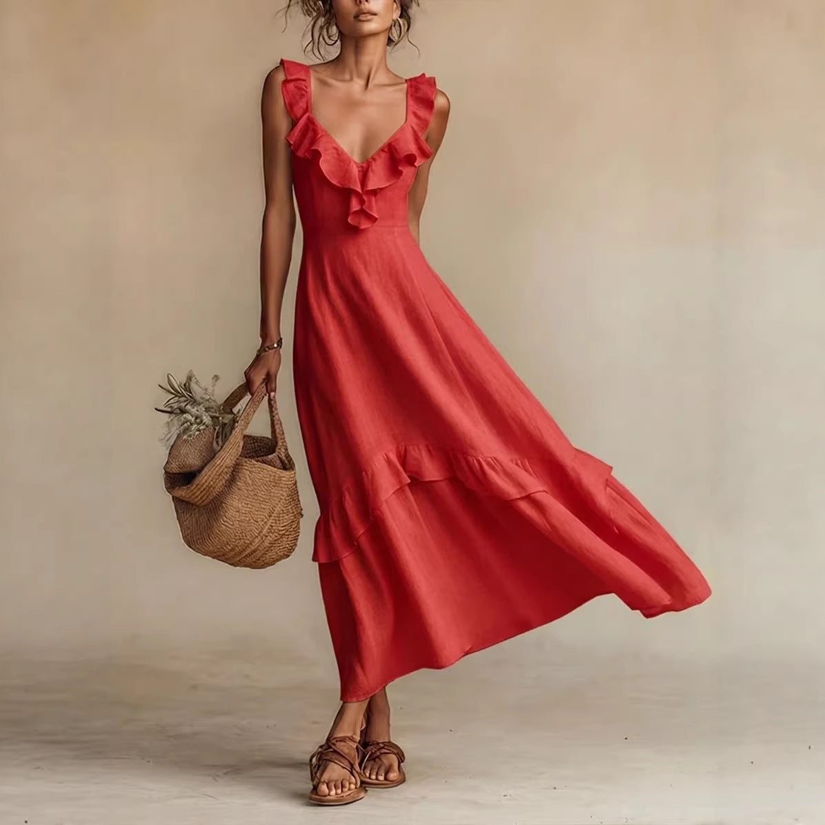 Robe longue sans manches à volants taille haute – 7 couleurs, S–3XL