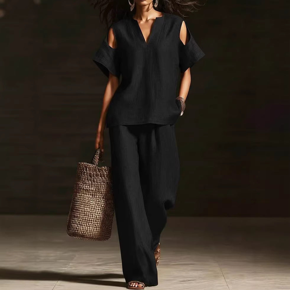 Ensemble haut à manches courtes col en V et pantalon droit – Détails déchirés, poches, couleur unie