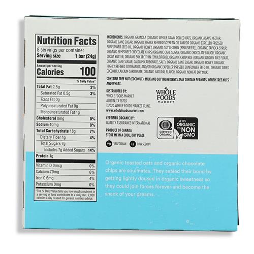 Whole Foods Market, Barres tendres au granola aux pépites de chocolat, biologiques, 8 unités