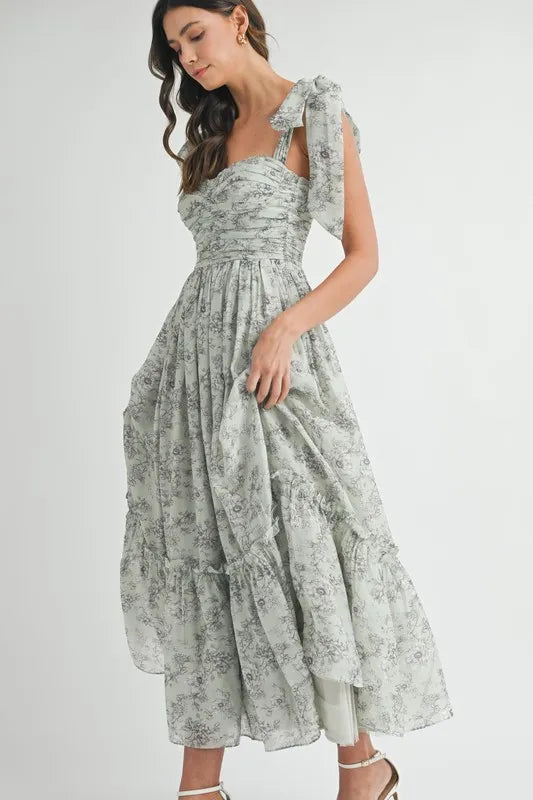 Robe midi froncée à imprimé floral et bretelles à nouer pour femme – Robe midi froncée pour l'été, Robe à imprimé floral, Robe à bretelles à nouer, Robe midi féminine, Robe chic pour événements