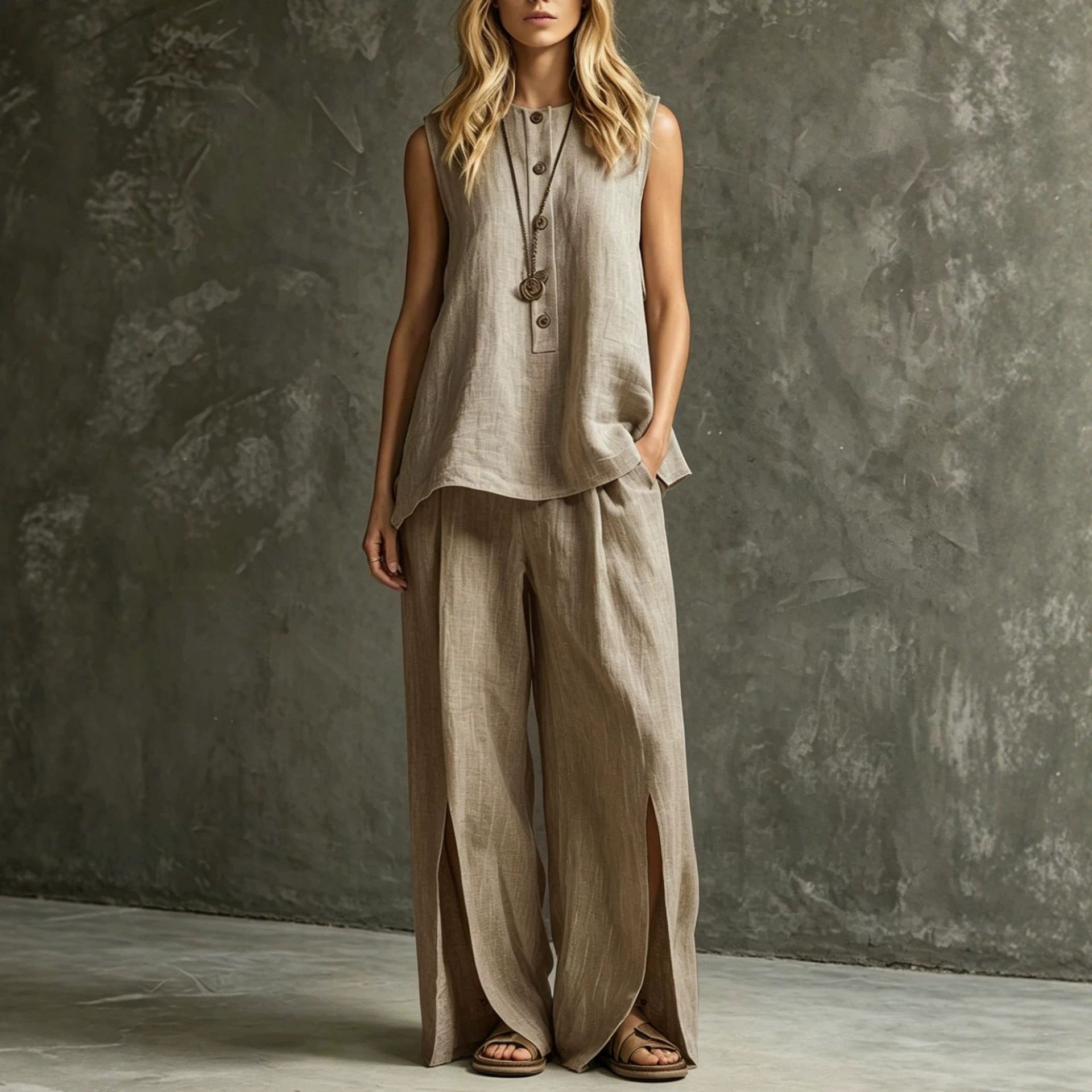 Ensemble deux pièces débardeur sans manches ample et pantalon large fendu pour femme
