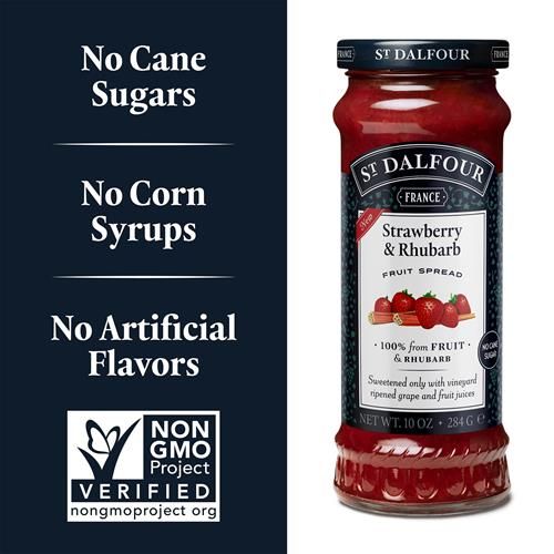 Confiture de fruits fraise et rhubarbe St. Dalfour - 280 g - 100 % fruits et rhubarbe, sans ingrédients artificiels, sans OGM, sans sucres de canne, entièrement naturelle